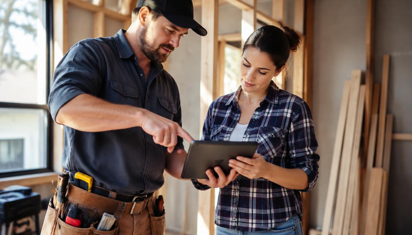 Contractor reviewing an invoice on a tablet with a homeowner