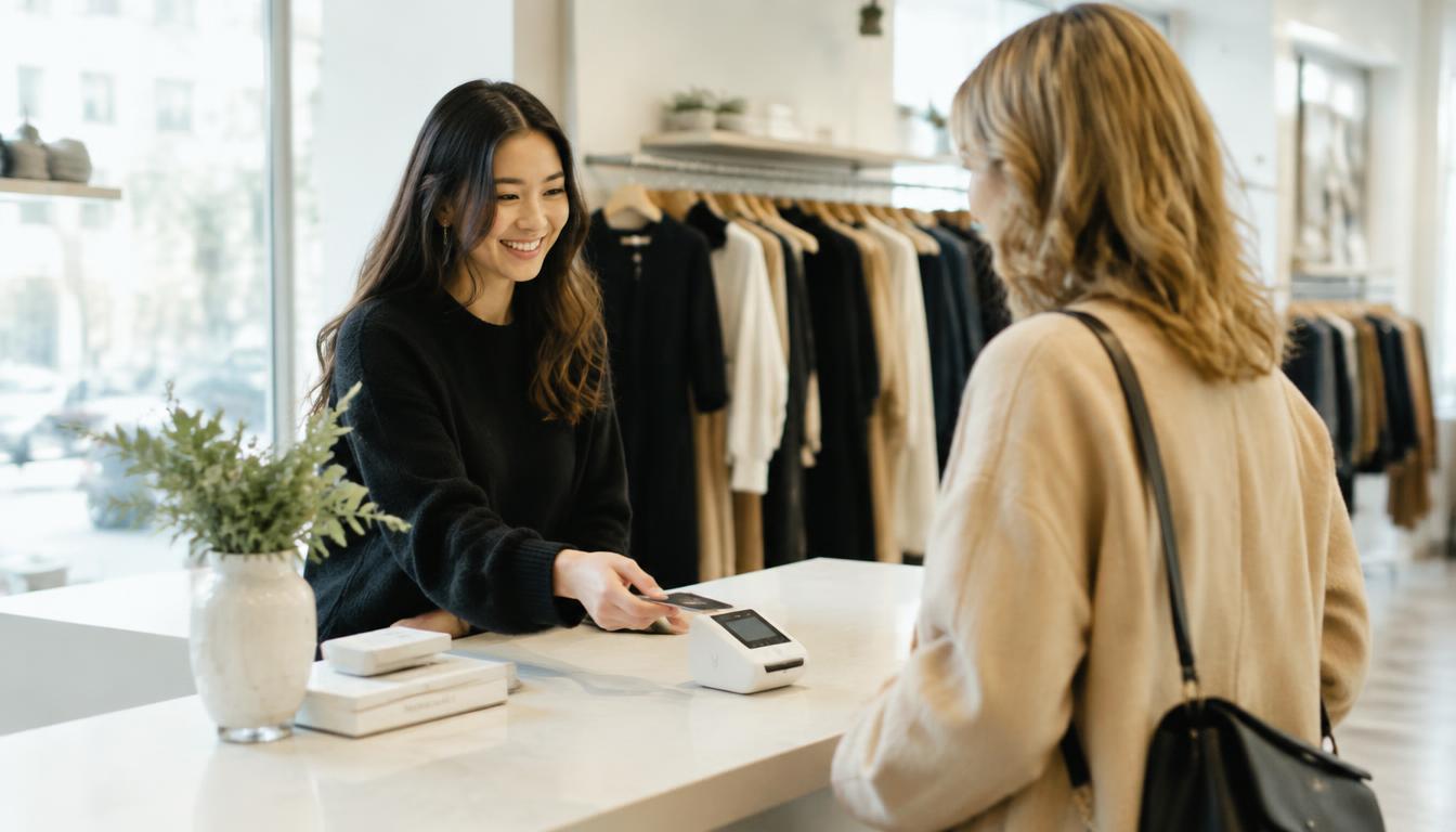 Boutique clothing store owner ringing up a customer