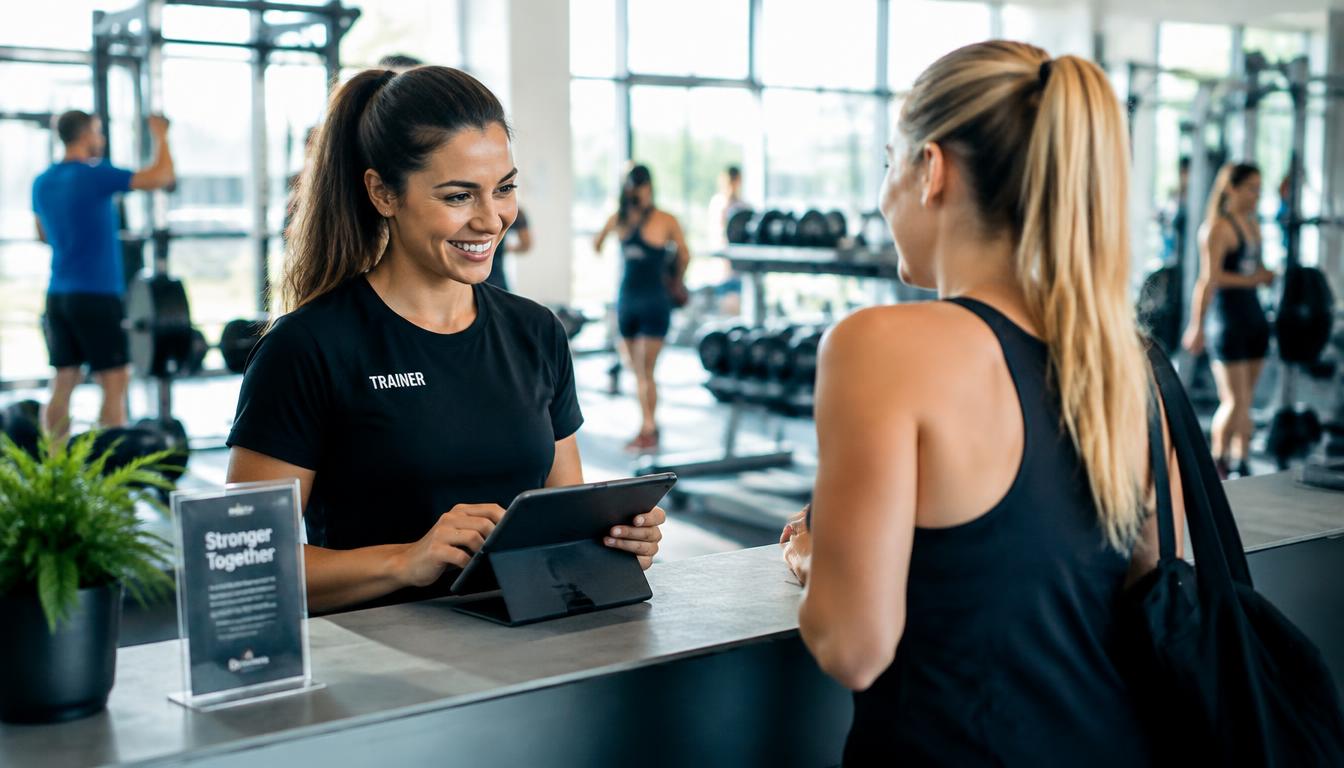 Trainer checking in a gym member with a tablet
