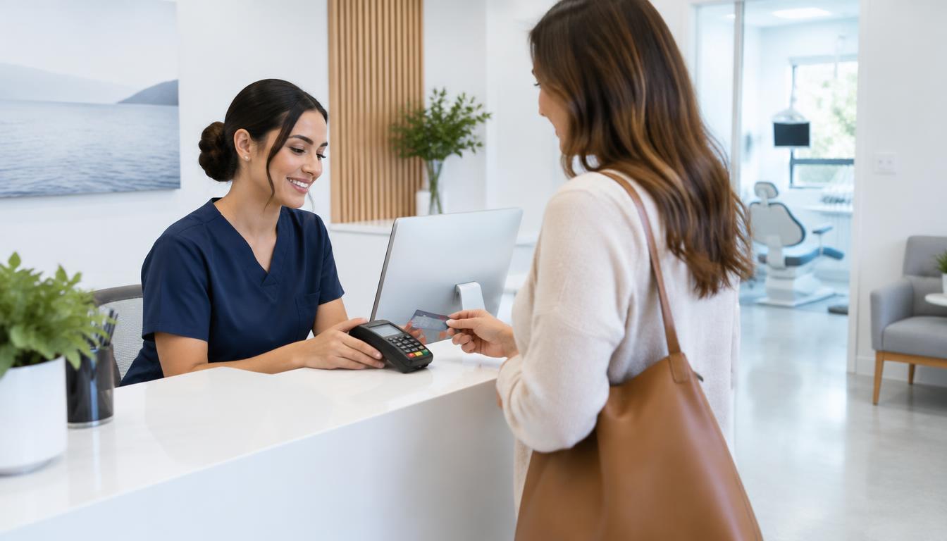 Patient paying at a bright dental office reception