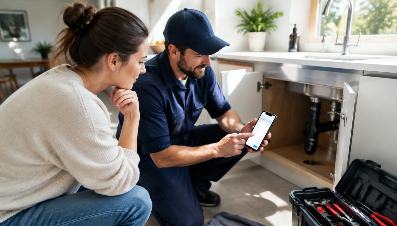 Plumber showing a digital invoice to a homeowner