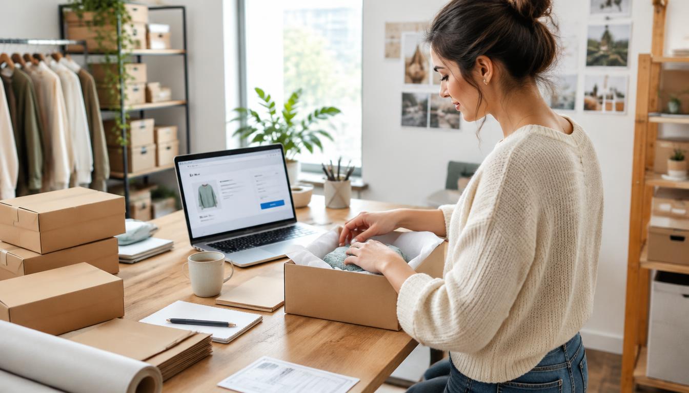 Online shop owner packing orders in a home studio