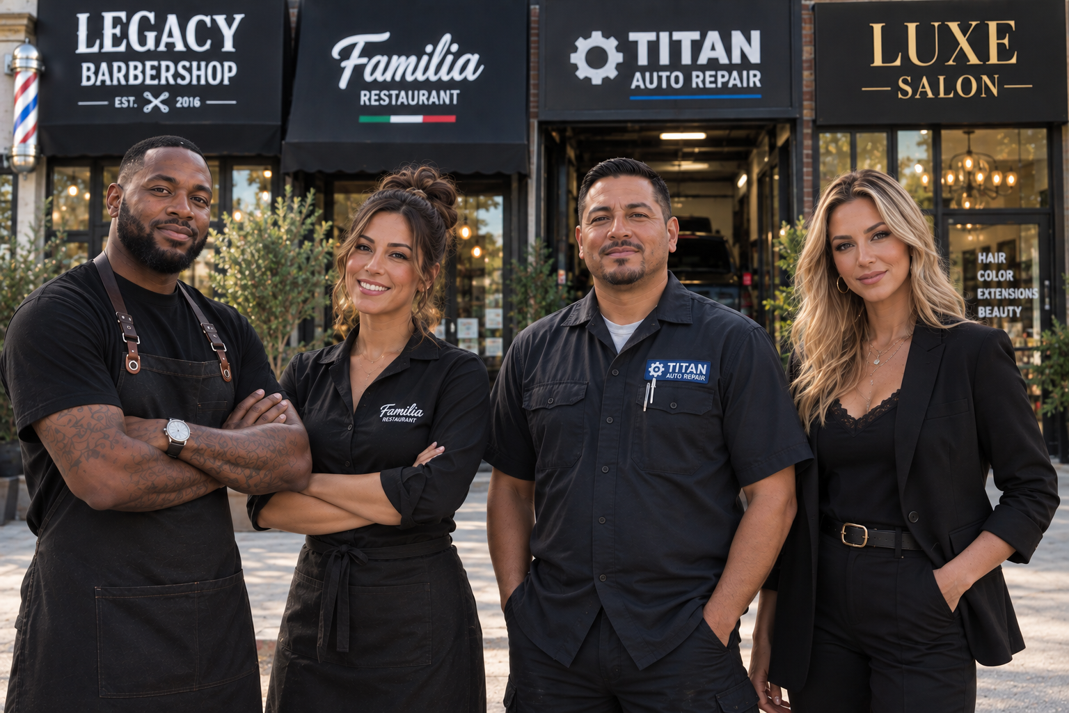 Four small business owners standing together in front of their shops