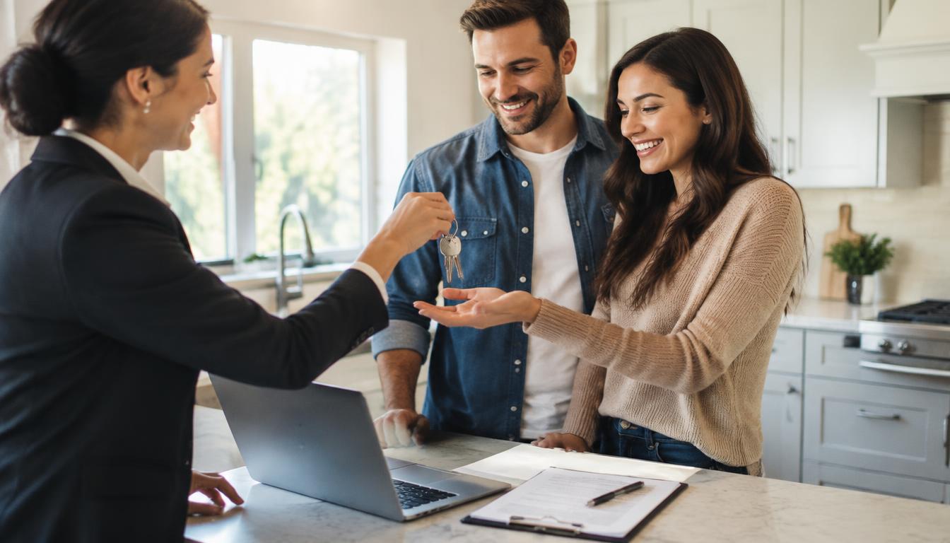 Real estate agent handing keys to new homeowners