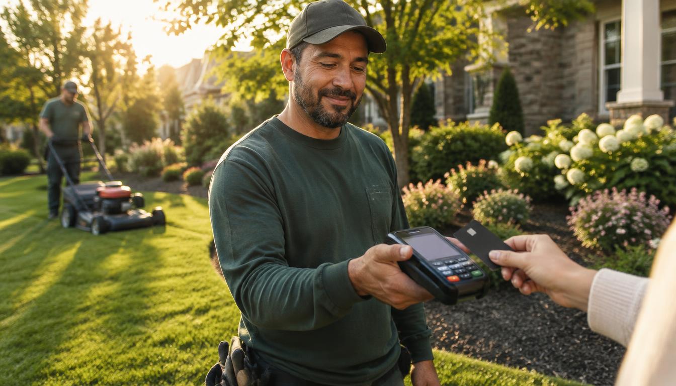 Landscaper accepting a card payment in a front yard