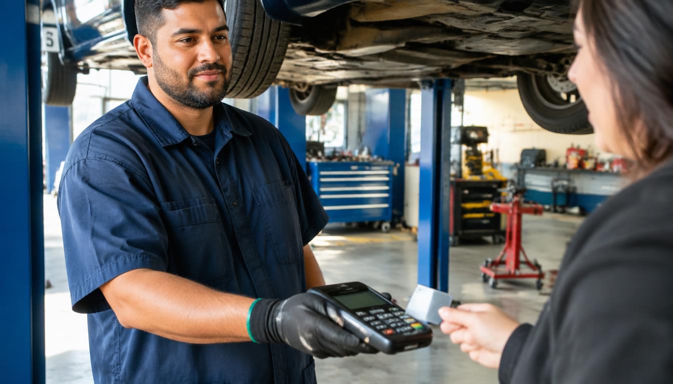 Mechanic holding a card terminal beside a lifted car