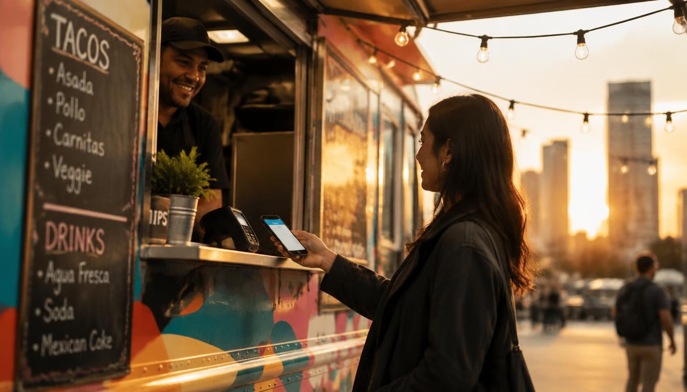 Customer paying with a phone at a colorful food truck