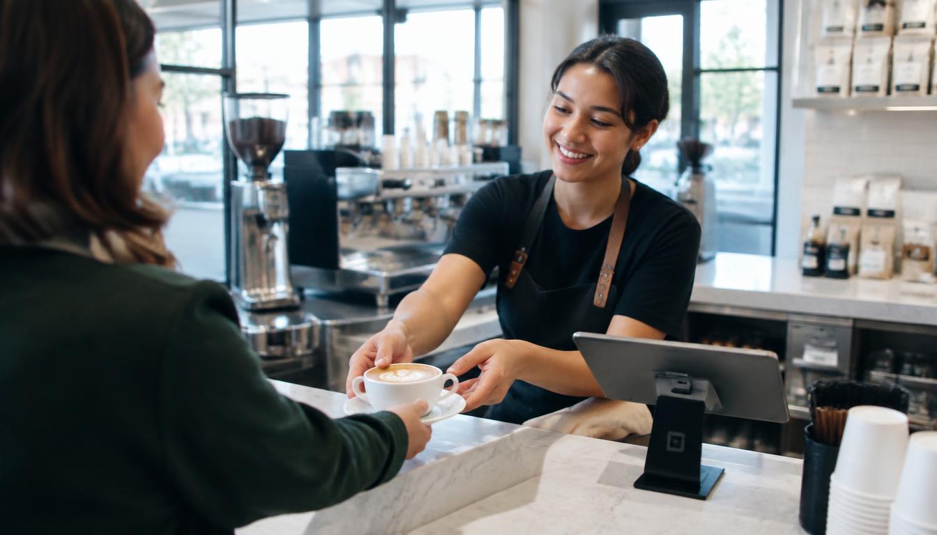 Barista handing a latte across a coffee shop counter