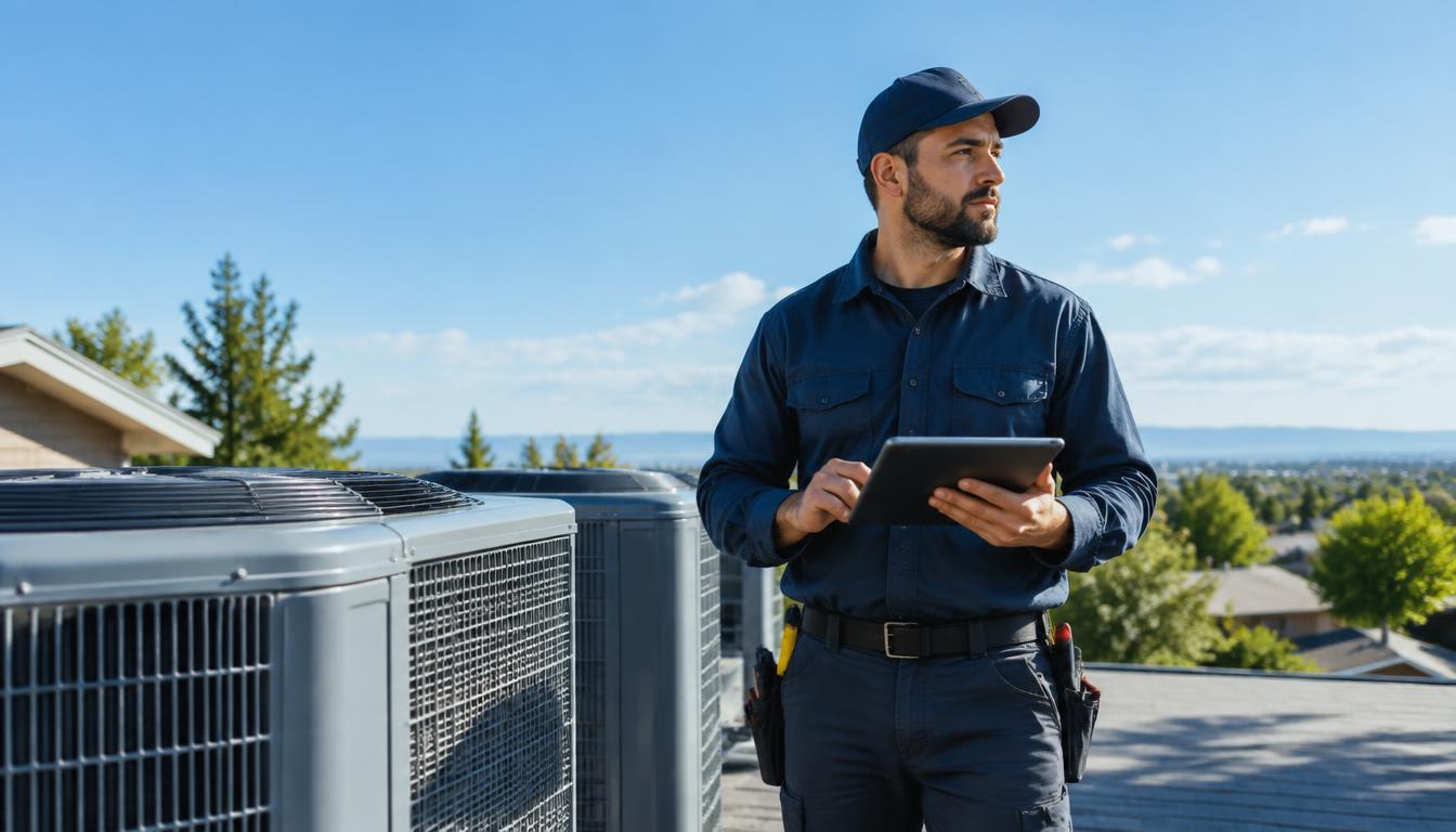HVAC technician with a tablet on a residential rooftop