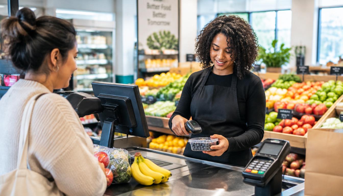 Cashier scanning groceries at a neighborhood market