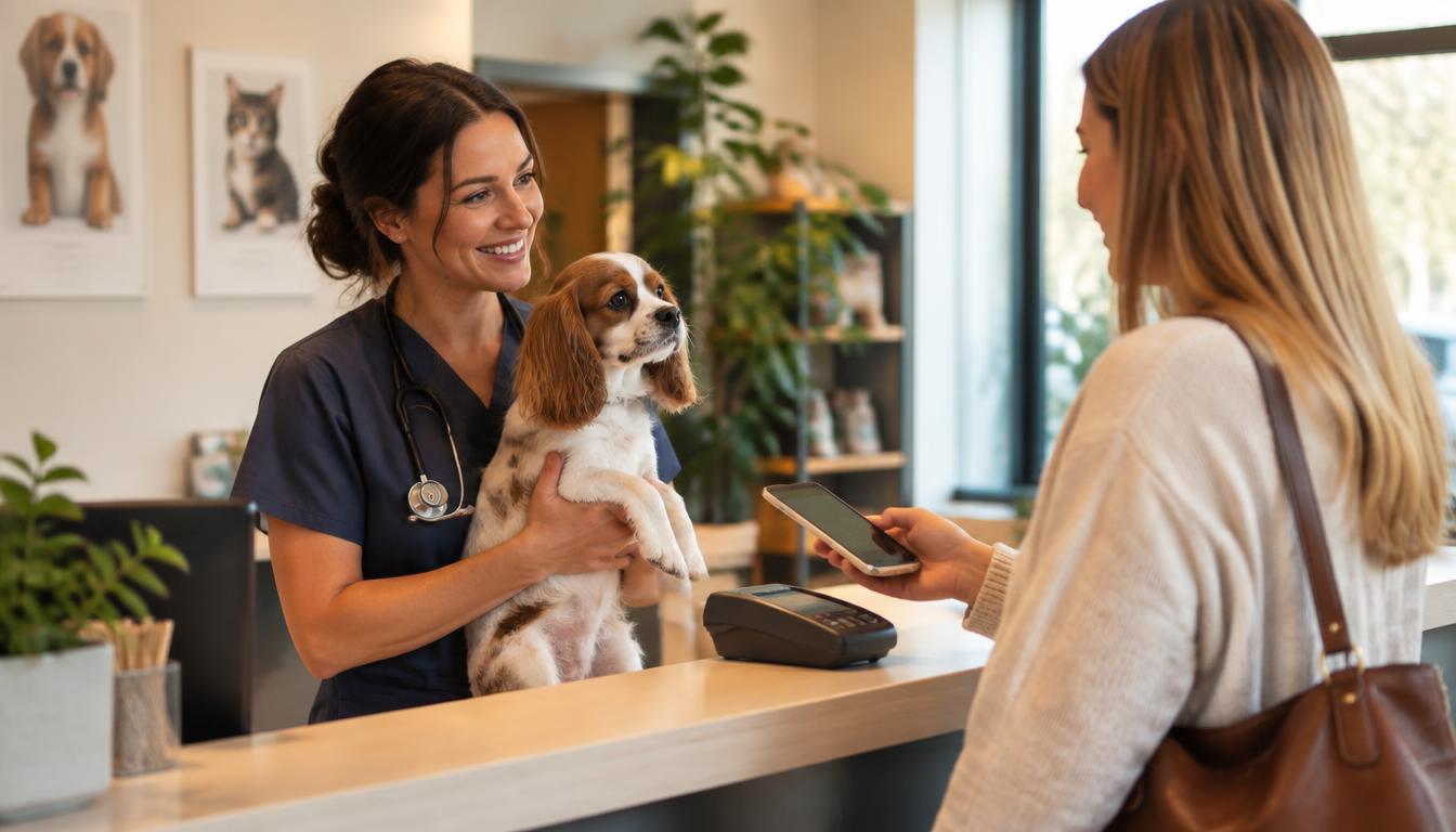 Veterinarian holding a dog while the owner pays
