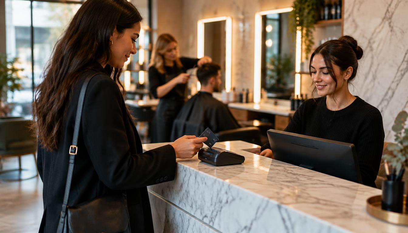Client paying with a card at a hair salon front desk