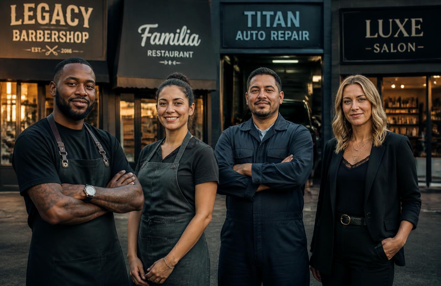 Four small business owners standing together in front of their shops
