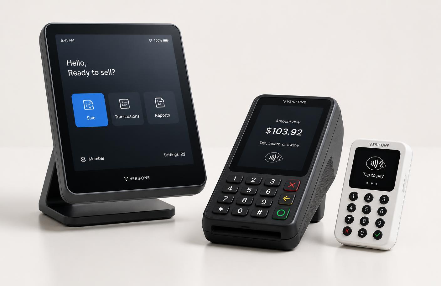 A smart touchscreen terminal, a countertop card terminal and a small mobile card reader
